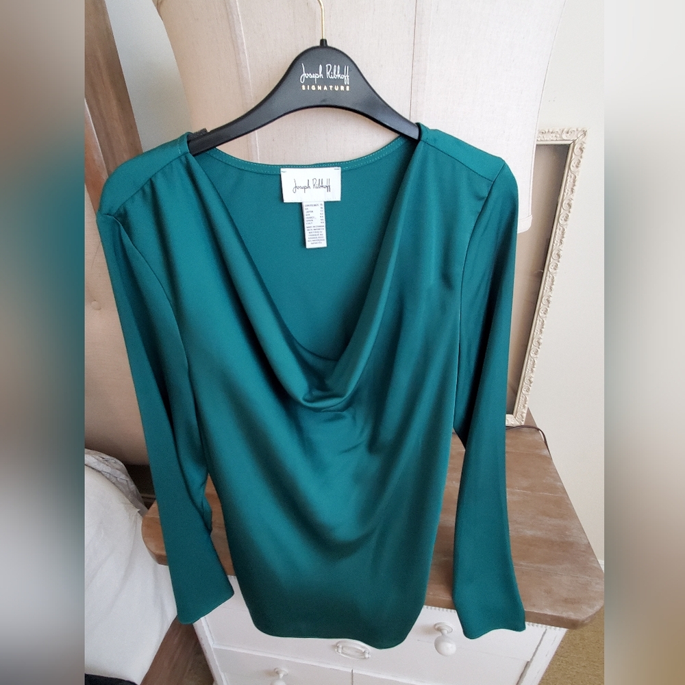 Joseph Ribkoff Emerald Green Drape Neck long sleeve Satin Blouse, Size 14